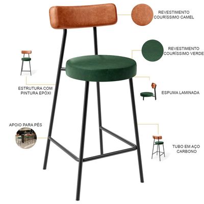 Kit 04 Banquetas Baixa Cozinha Sala Jantar Bancada Milão L02 Couríssimo Camel Verde - Lyam Decor