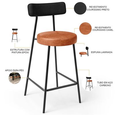 Kit 04 Banquetas Baixa Cozinha Sala Jantar Bancada Milão L02 Couríssimo Preto Camel - Lyam Decor