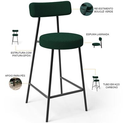 Kit 04 Banquetas Baixa Para Cozinha Sala De Jantar Bar Bancada Milão L02 Bouclê Verde - Lyam Decor