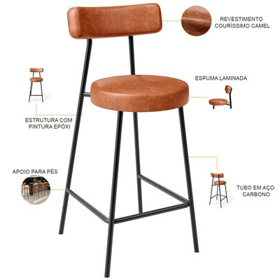 Kit 04 Banquetas Baixa Para Cozinha Sala De Jantar Bar Bancada Milão L02 Couríssimo Camel - Lyam Decor