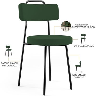 Kit 04 Cadeiras Decorativas Estofada Sala De Jantar Barcelona L02 Suede Verde Musgo - Lyam Decor