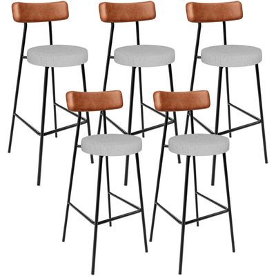 Kit 05 Banquetas Alta Cozinha Sala De Jantar Aço Milão L02 Couríssimo Camel Linho Cinza - Lyam Decor