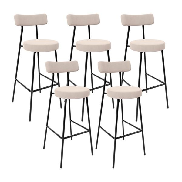 Kit 05 Banquetas Altas Cozinha Bar Sala De Jantar Em Aço Milão L02 Suede Bege - Lyam Decor