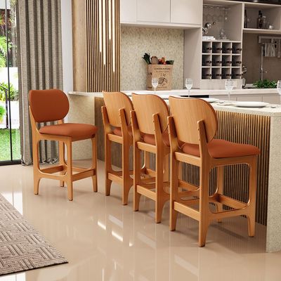 Kit 05 Banquetas Baixa Bar Cozinha E Sala De Jantar Fixa Betta L02 Imbuia Tecido Terracota - Lyam Decor