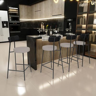 Kit 05 Banquetas Baixa Bar Cozinha Sala Jantar Milão L02 Couríssimo Preto Linho Bege - Lyam Decor