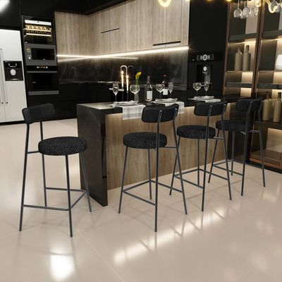 Kit 05 Banquetas Baixa Cozinha Sala Jantar Bancada Milão L02 Couríssimo Preto Linho Chumbo - Lyam Decor