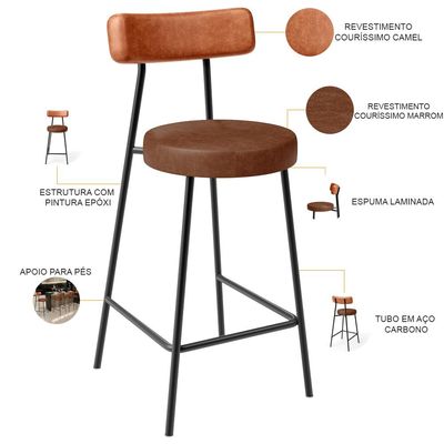 Kit 05 Banquetas Baixa Cozinha Sala Jantar Bancada Milão L02 Couríssimo Camel Marrom - Lyam Decor