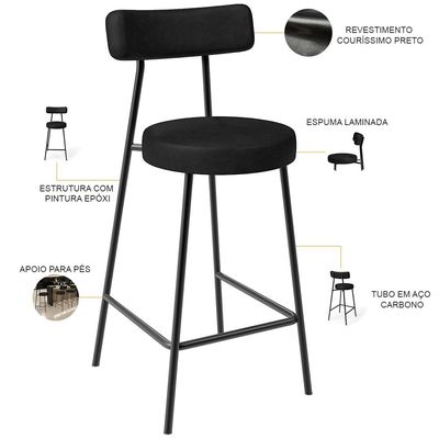 Kit 05 Banquetas Baixa Para Cozinha Sala De Jantar Bancada Milão L02 Couríssimo Preto - Lyam Decor