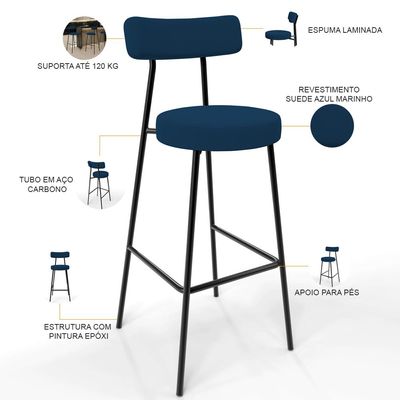 Kit 06 Banquetas Alta Bar Cozinha Sala De Jantar Em Aço Milão L02 Suede Azul Marinho - Lyam Decor