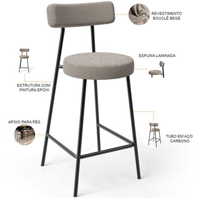 Kit 05 Banquetas Baixa Para Cozinha Sala De Jantar Bar Bancada Milão L02 Bouclê Bege - Lyam Decor