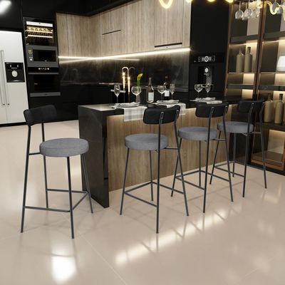 Kit 06 Banquetas Baixa Cozinha Jantar Milão L02 Couríssimo Preto Linho Cinza Escuro - Lyam Decor