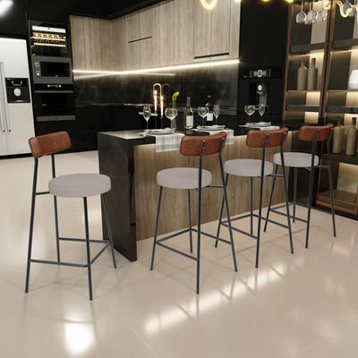 Kit 06 Banquetas Baixa Cozinha Sala De Jantar Milão L02 Couríssimo Marrom Linho Bege - Lyam Decor