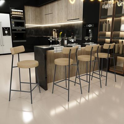 Kit 06 Banquetas Baixa Para Cozinha Sala De Jantar Bancada Milão L02 Linho Bege Escuro - Lyam Decor