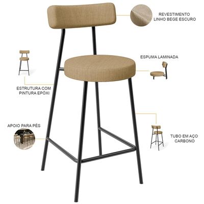 Kit 06 Banquetas Baixa Para Cozinha Sala De Jantar Bancada Milão L02 Linho Bege Escuro - Lyam Decor