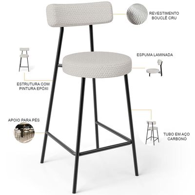Kit 06 Banquetas Baixa Para Cozinha Sala De Jantar Bar Bancada Milão L02 Bouclê Cru - Lyam Decor
