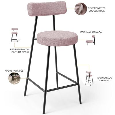 Kit 06 Banquetas Baixa Para Cozinha Sala De Jantar Bar Bancada Milão L02 Bouclê Rosê - Lyam Decor