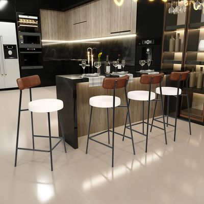 Kit 06 Banquetas Baixa Cozinha Sala De Jantar Milão L02 Couríssimo Marrom Linho Cru - Lyam Decor