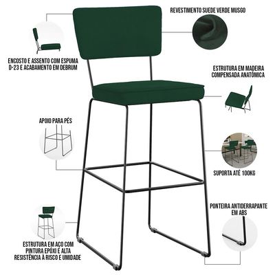 Kit 06 Banquetas Para Cozinha Sala De Jantar Base Em Aço Allana L02 Suede Verde Musgo - Lyam Decor