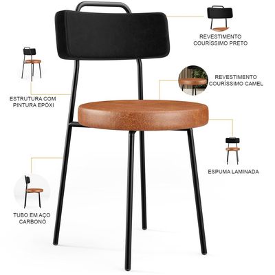 Kit 06 Cadeiras Decorativas Estofada Para Sala Jantar Barcelona L02 Couríssimo Preto Camel - Lyam
