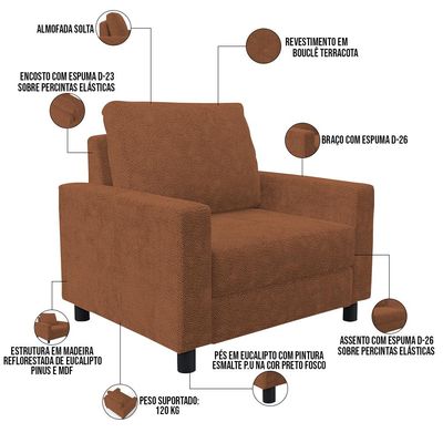 Poltrona Decorativa Para Sala De Estar E Recepção Malta L02 Bouclê Terracota - Lyam Decor