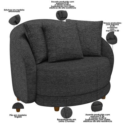Poltrona Decorativa Para Sala de Estar Fixa Pés Madeira Witta M03 Linho Chumbo - Lyam Decor