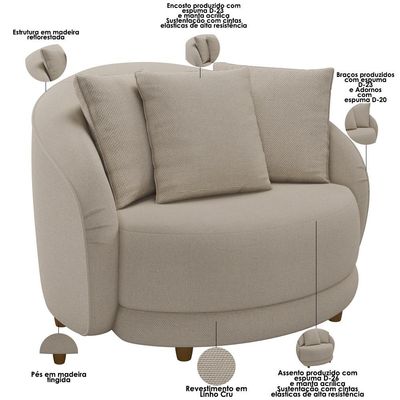 Poltrona Decorativa Para Sala de Estar Fixa Pés Madeira Witta M03 Linho Cru - Lyam Decor