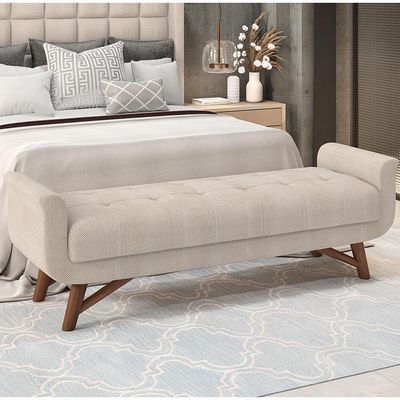 Puff Recamier Decorativo com Pés em Madeira 195 cm Itália P05 Linho Creme - Lyam Decor