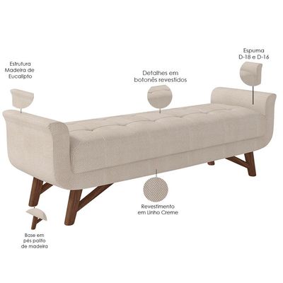 Puff Recamier Decorativo com Pés em Madeira 195 cm Itália P05 Linho Creme - Lyam Decor