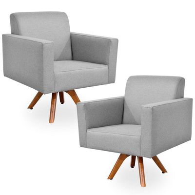 Kit 2 Poltrona Decorativa Giratória Sala Estar Base Madeira Helô L02 Linho Cinza Escuro - Lyam Decor