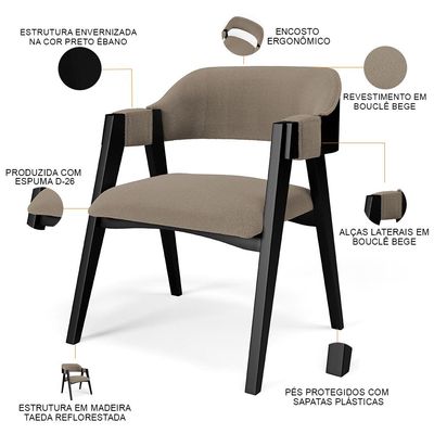 Cadeira Para Sala de Jantar Estar Living Estofada Suran L02 Preto Bouclê Bege - Lyam Decor