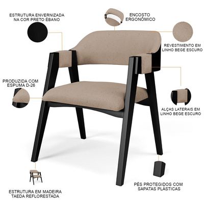 Cadeira Para Sala de Jantar Estar Living Estofada Suran L02 Preto Linho Bege Escuro - Lyam Decor