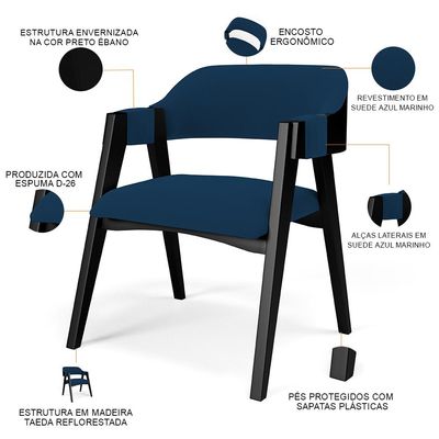 Cadeira Para Sala de Jantar Estar Living Estofada Suran L02 Preto Suede Azul Marinho - Lyam Decor