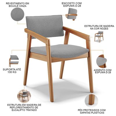 Kit 02 Cadeiras Para Sala de Jantar Estar Living Giorgia B04 Bouclê Cinza - Lyam Decor