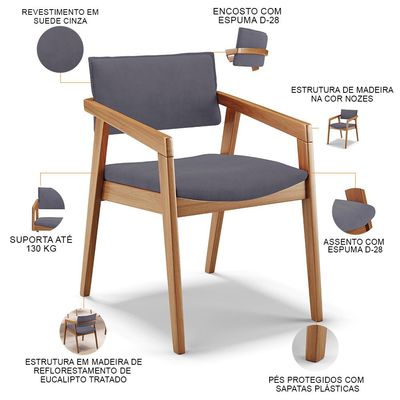 Kit 02 Cadeiras Para Sala de Jantar Estar Living Giorgia B04 Suede Cinza - Lyam Decor