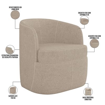 Kit 02 Poltronas Decorativa Giratória para Sala de Estar Siena K01 Linho Bege - Lyam Decor