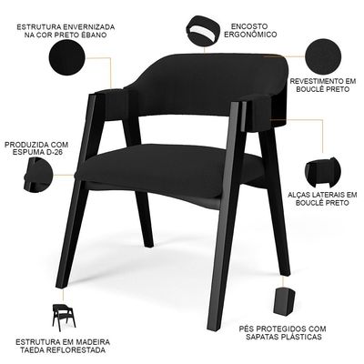 Kit 4 Cadeiras Sala de Jantar Estar Living Estofada Suran L02 Preto Bouclê Preto - Lyam Decor