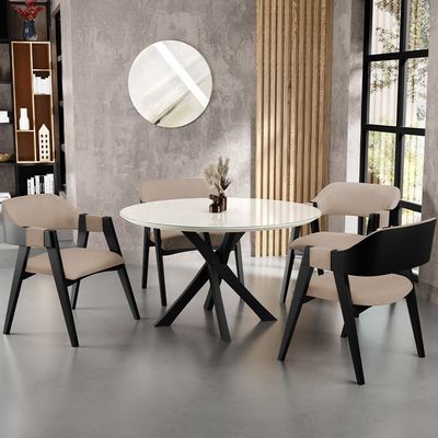 Kit 4 Cadeiras Sala de Jantar Estar Living Estofada Suran L02 Preto Linho Bege Escuro - Lyam Decor