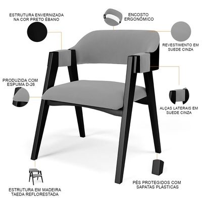 Kit 4 Cadeiras Sala de Jantar Estar Living Estofada Suran L02 Preto Suede Cinza - Lyam Decor