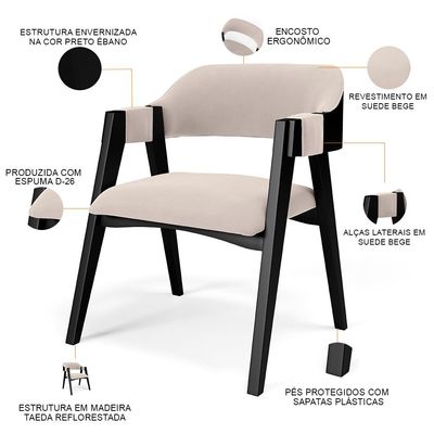Kit 4 Cadeiras Sala de Jantar Estar Living Estofada Suran L02 Preto Suede Bege - Lyam Decor