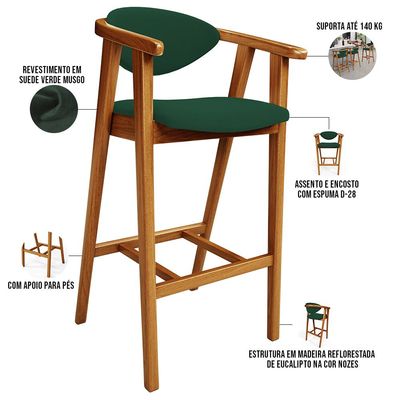 Kit 06 Banquetas Alta Cozinha Bancada Bar Sala de Jantar Fixa Cecília L02 Suede Verde Musgo - Lyam