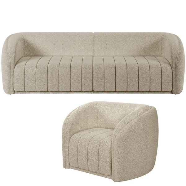 Kit Sofá 5 Lugares Para Sala de Estar 332 cm Com 01 Poltrona Lazio M03 Bouclê Bege - Lyam Decor