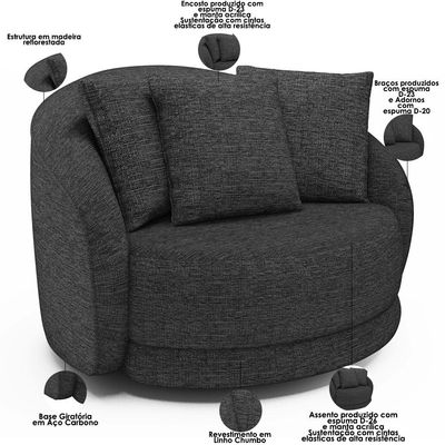 Poltrona Decorativa Para Sala de Estar Base Giratória Witta M03 Linho Chumbo - Lyam Decor