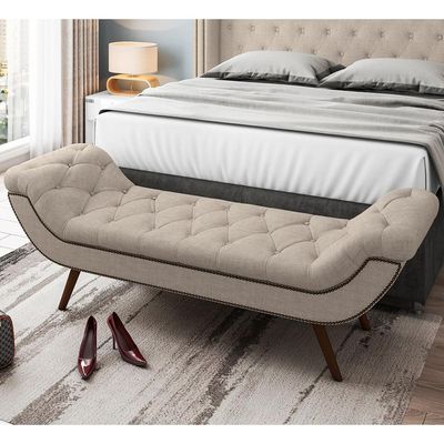 Puff Recamier Decorativo com Tachas 140 cm Santorini P05 Linho Bege Claro - Lyam Decor