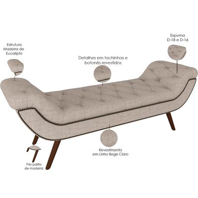 Puff Recamier Decorativo com Tachas 140 cm Santorini P05 Linho Bege Claro - Lyam Decor