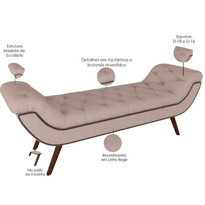 Puff Recamier Decorativo com Tachas 160 cm Santorini P05 Linho Bege - Lyam Decor