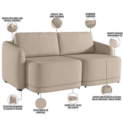 Sofá Cama para Sala de Estar 2 Lugares 176cm Montserrat K01 Linho Bege - Lyam Decor