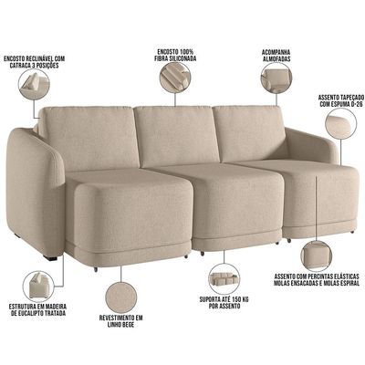 Sofá Cama para Sala de Estar 3 Lugares 276cm Montserrat K01 Linho Bege - Lyam Decor
