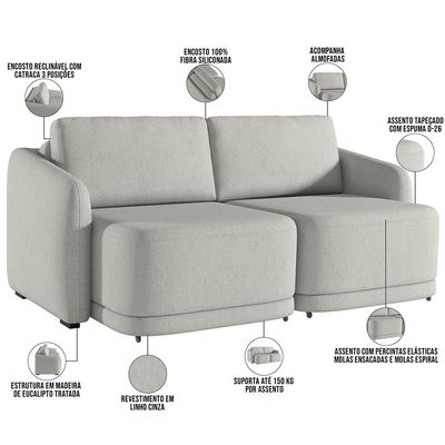 Sofá Cama para Sala de Estar 3 Lugares 236cm Montserrat K01 Linho Cinza - Lyam Decor