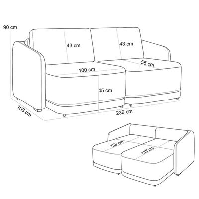 Sofá Cama para Sala de Estar 3 Lugares 236cm Montserrat K01 Linho Cinza - Lyam Decor