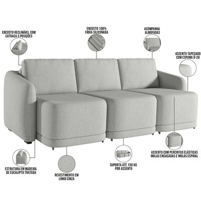 Sofá Cama para Sala de Estar 3 Lugares 306cm Montserrat K01 Linho Cinza - Lyam Decor